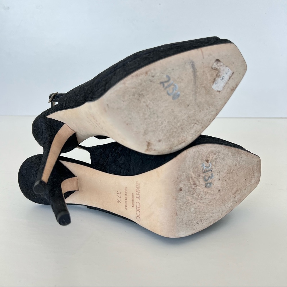 JIMMY CHOO Black Textured Fabric Lace Side Buckle Peep Toe Heel Sandals Sz 37.5 - Picture 8 of 11